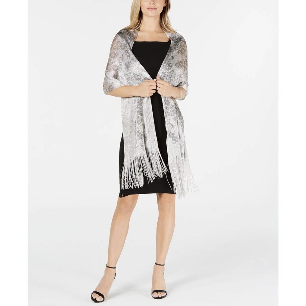 INC INTERNATIONAL CONCEPTS Silver Floral Dream‎ Fringed Net Wrap New
